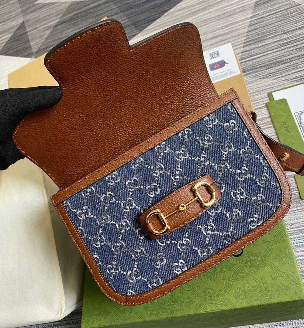1:1 Replica Gucci Horsebit 1955 Shoulder Bag Blue And Ivory For Women, Women's Bags 9.8in/25cm GG