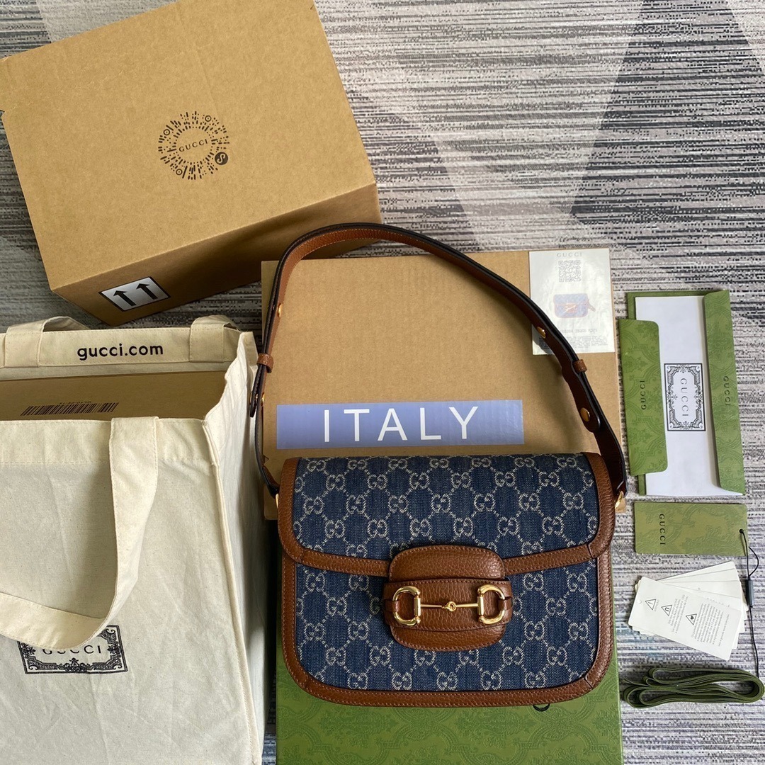 1:1 Replica Gucci Horsebit 1955 Shoulder Bag Blue And Ivory For Women, Women's Bags 9.8in/25cm GG