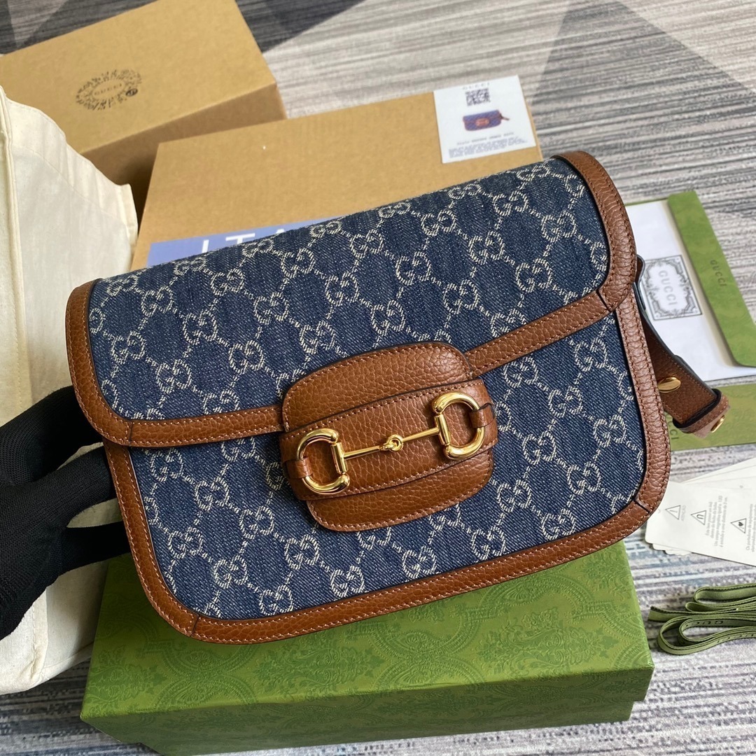 1:1 Replica Gucci Horsebit 1955 Shoulder Bag Blue And Ivory For Women, Women's Bags 9.8in/25cm GG - Image 6