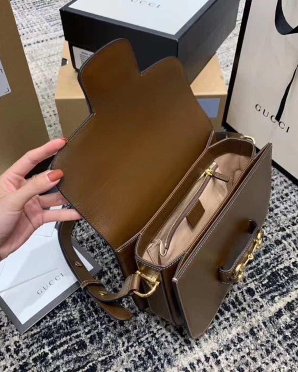 1:1 Replica Gucci Horsebit 1955 Shoulder Bag Brown Textured With A Vintage Effect For Women 9.8in/25cm GG ‎602204 1DB0G 2361