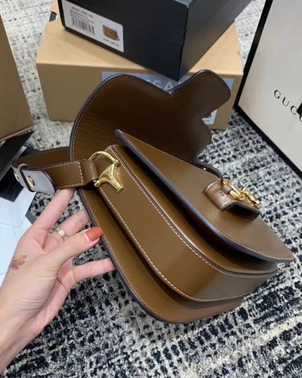 1:1 Replica Gucci Horsebit 1955 Shoulder Bag Brown Textured With A Vintage Effect For Women 9.8in/25cm GG ‎602204 1DB0G 2361