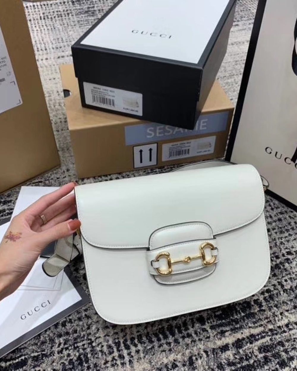 1:1 Replica Gucci Horsebit 1955 Shoulder Bag White For Women 9.8in/25cm GG 602204 1DB0G 9022