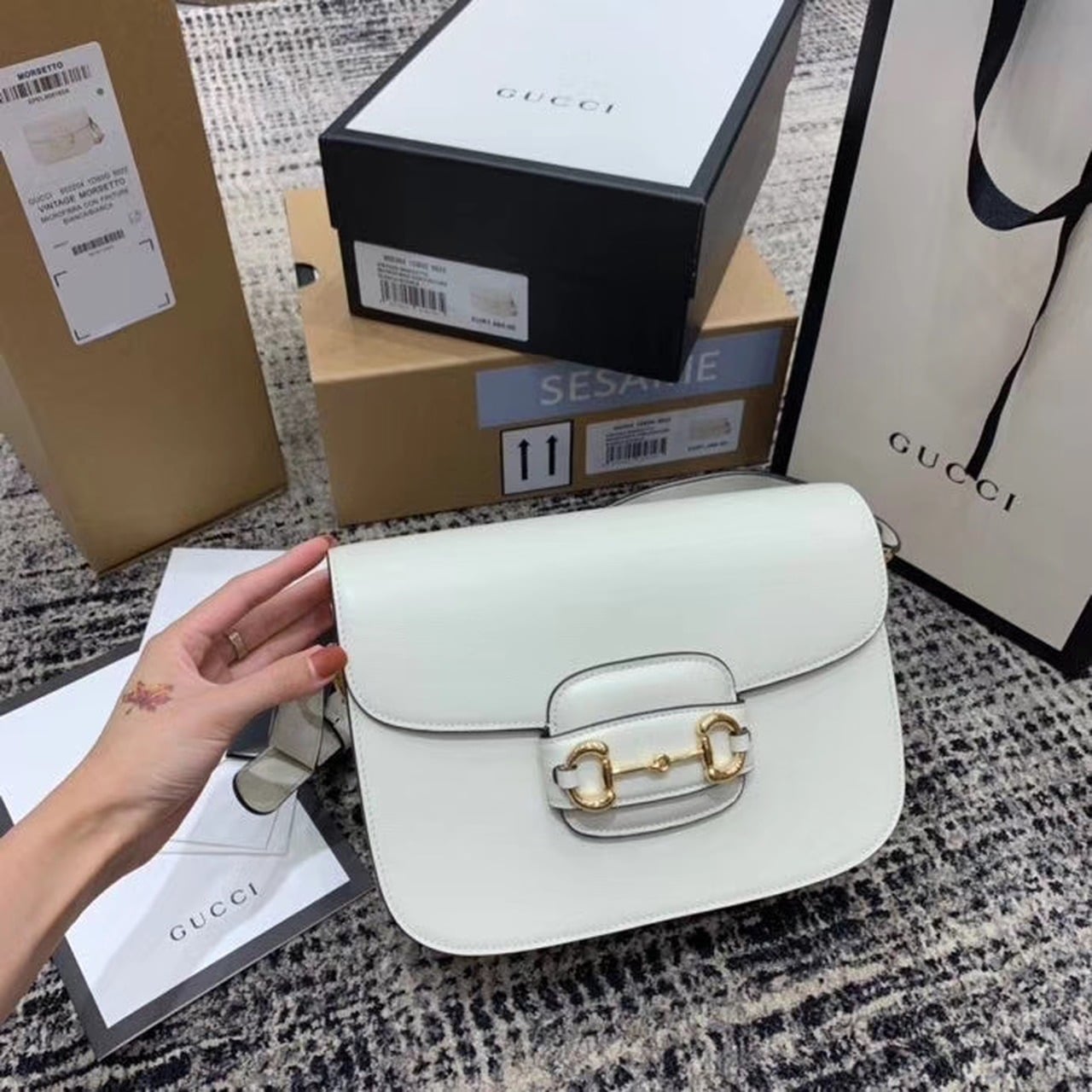 1:1 Replica Gucci Horsebit 1955 Shoulder Bag White For Women 9.8in/25cm GG 602204 1DB0G 9022
