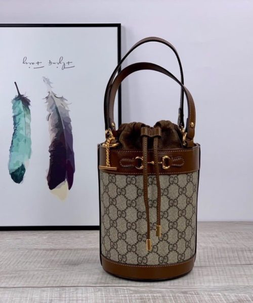 1:1 Replica Gucci Horsebit 1955 Small Bucket Bag In GG Supreme Canvas Brown For Women 7.5in/19cm GG 637115 92TPG 8563