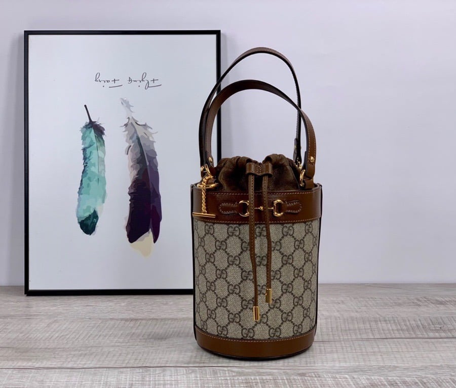 1:1 Replica Gucci Horsebit 1955 Small Bucket Bag In GG Supreme Canvas Brown For Women 7.5in/19cm GG 637115 92TPG 8563
