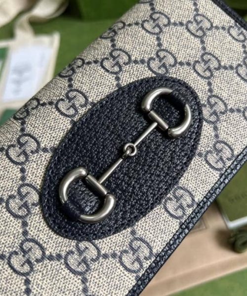 1:1 Replica Gucci Horsebit 1955 Wallet With Chain Beige And Blue For Women 7.5in/19cm GG