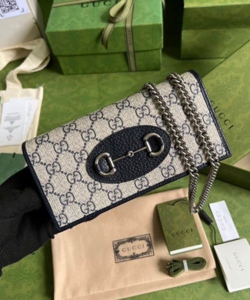 1:1 Replica Gucci Horsebit 1955 Wallet With Chain Beige And Blue For Women 7.5in/19cm GG