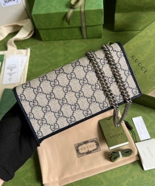 1:1 Replica Gucci Horsebit 1955 Wallet With Chain Beige And Blue For Women 7.5in/19cm GG