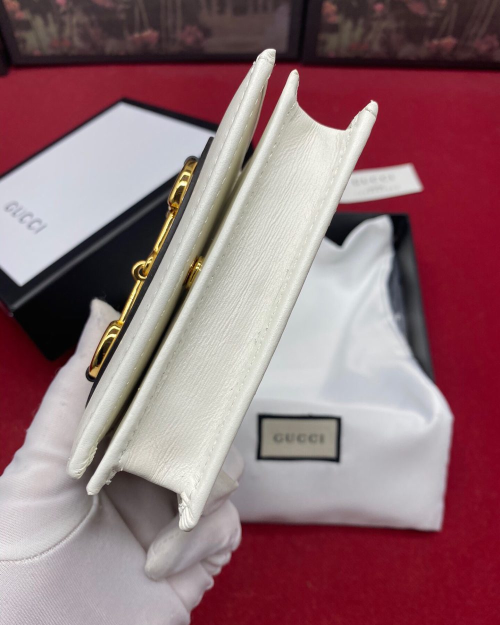 1:1 Replica Gucci Horsebit 1955 White Card Case Women's Wallet 11cm/4.3in GG ‎621887 0YK0G 9022