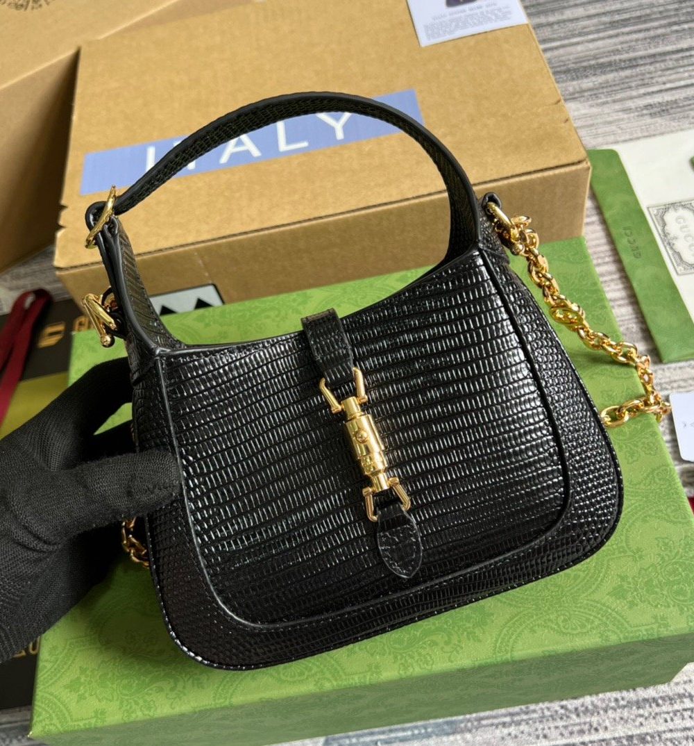 1:1 Replica Gucci Jackie 1961 Lizard Mini Bag Black For Women, Women's Bags 7.5in/19cm GG ‎675799 LUZ0G 1000