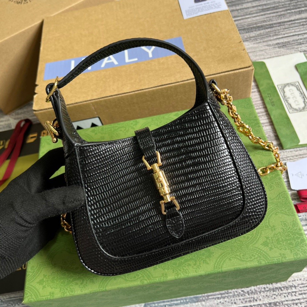 1:1 Replica Gucci Jackie 1961 Lizard Mini Bag Black For Women, Women's Bags 7.5in/19cm GG 675799 LUZ0G 1000 - Image 9