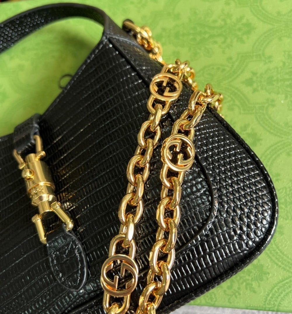 1:1 Replica Gucci Jackie 1961 Lizard Mini Bag Black For Women, Women's Bags 7.5in/19cm GG ‎675799 LUZ0G 1000