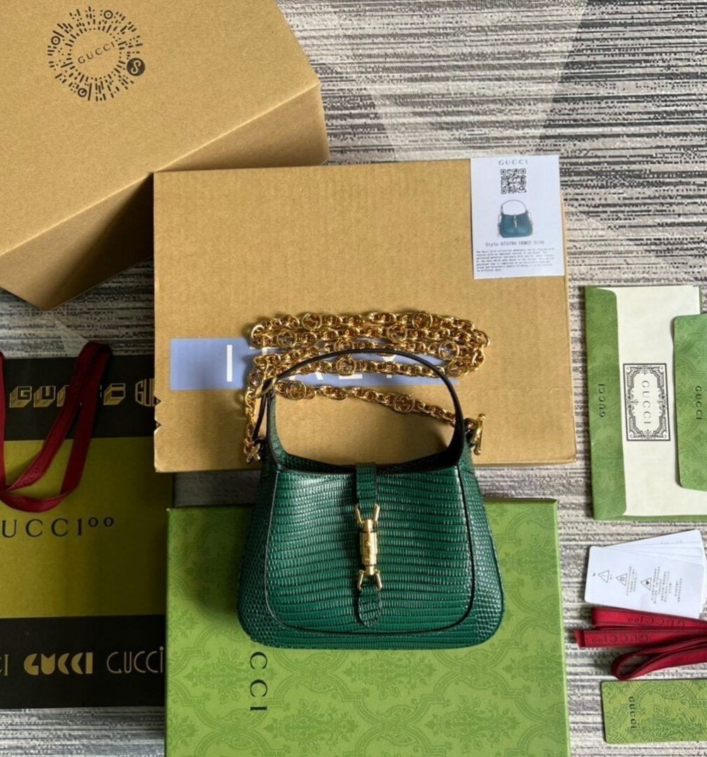 1:1 Replica Gucci Jackie 1961 Lizard Mini Bag Green For Women, Women's Bags 7.5in/19cm GG 