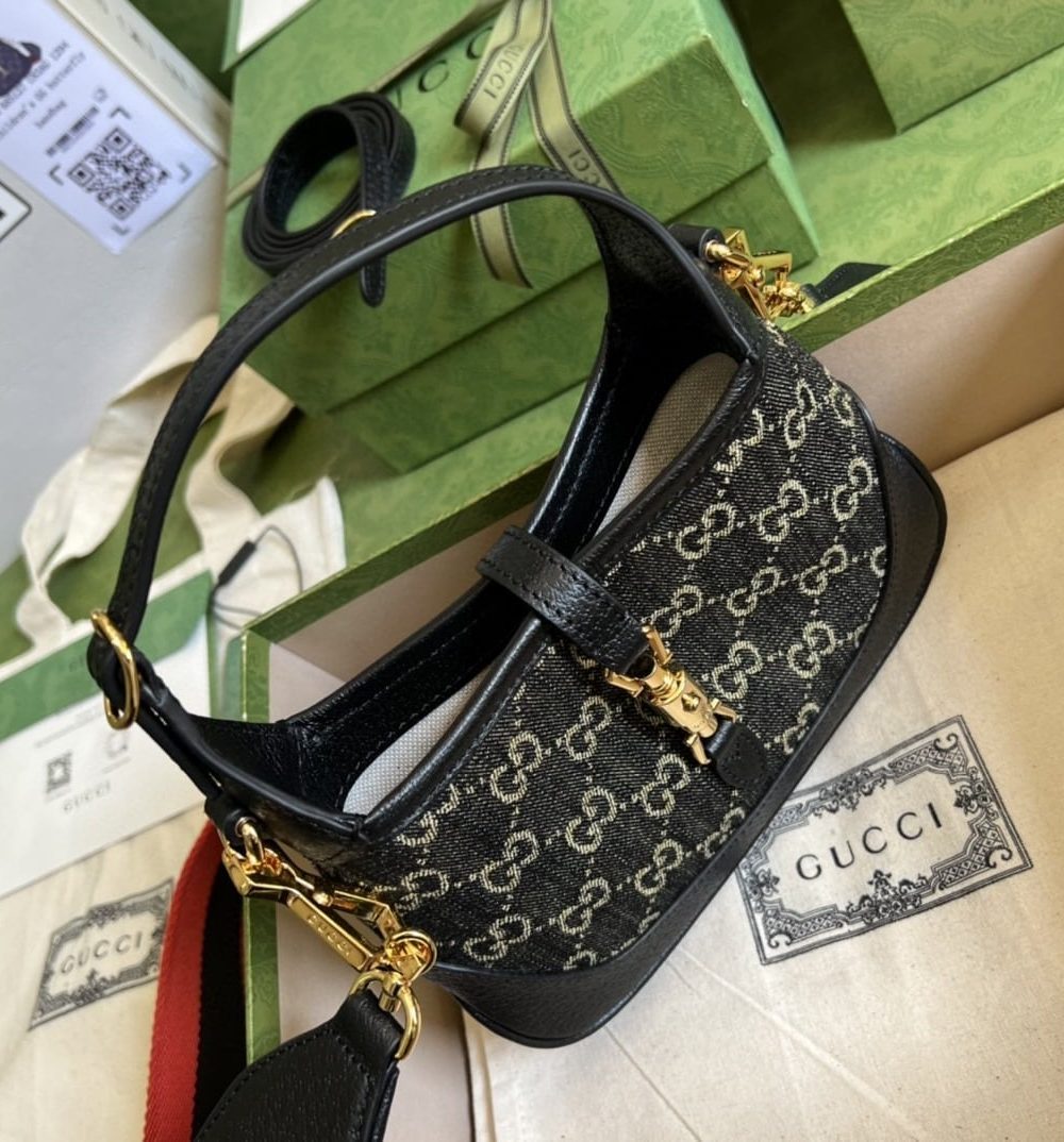 1:1 Replica Gucci Jackie 1961 Mini Shoulder Bag Black And Ivory GG Denim Jacquard For Women 7.5in/19cm GG 685127 UN3AG 1294