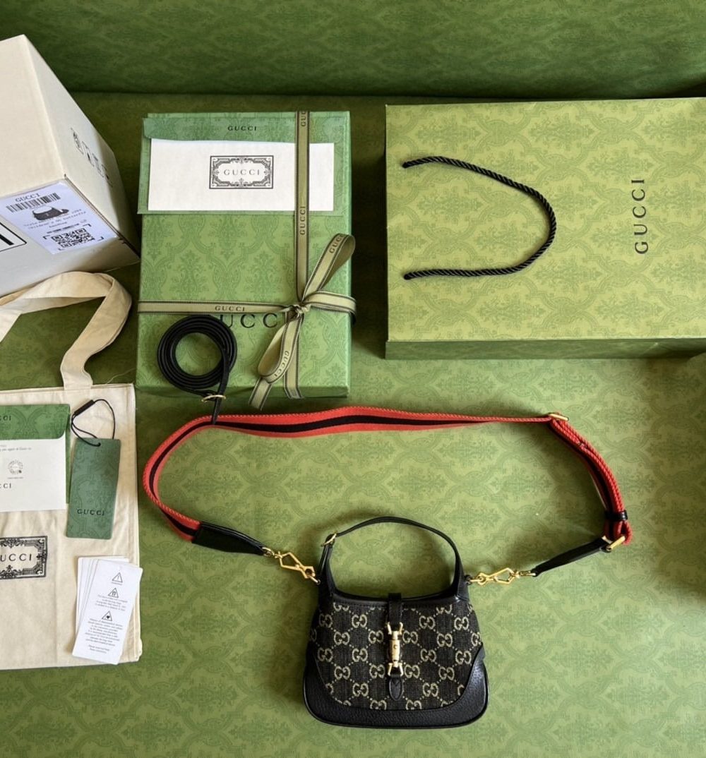 1:1 Replica Gucci Jackie 1961 Mini Shoulder Bag Black And Ivory GG Denim Jacquard For Women 7.5in/19cm GG 685127 UN3AG 1294