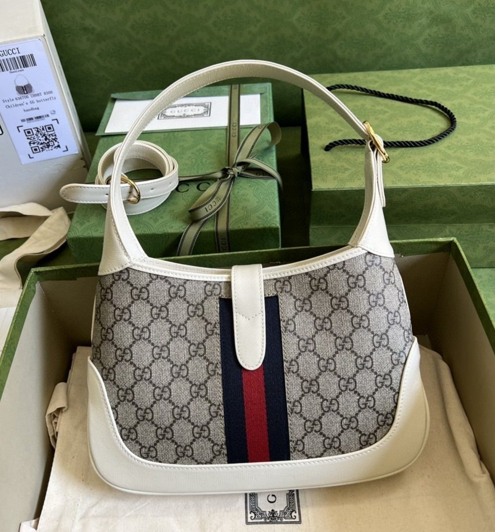 1:1 Replica Gucci Jackie 1961 Small Shoulder Bag Beige And Ebony GG Supreme Canvas For Women 11in/28cm 636706 HUHHG 9794