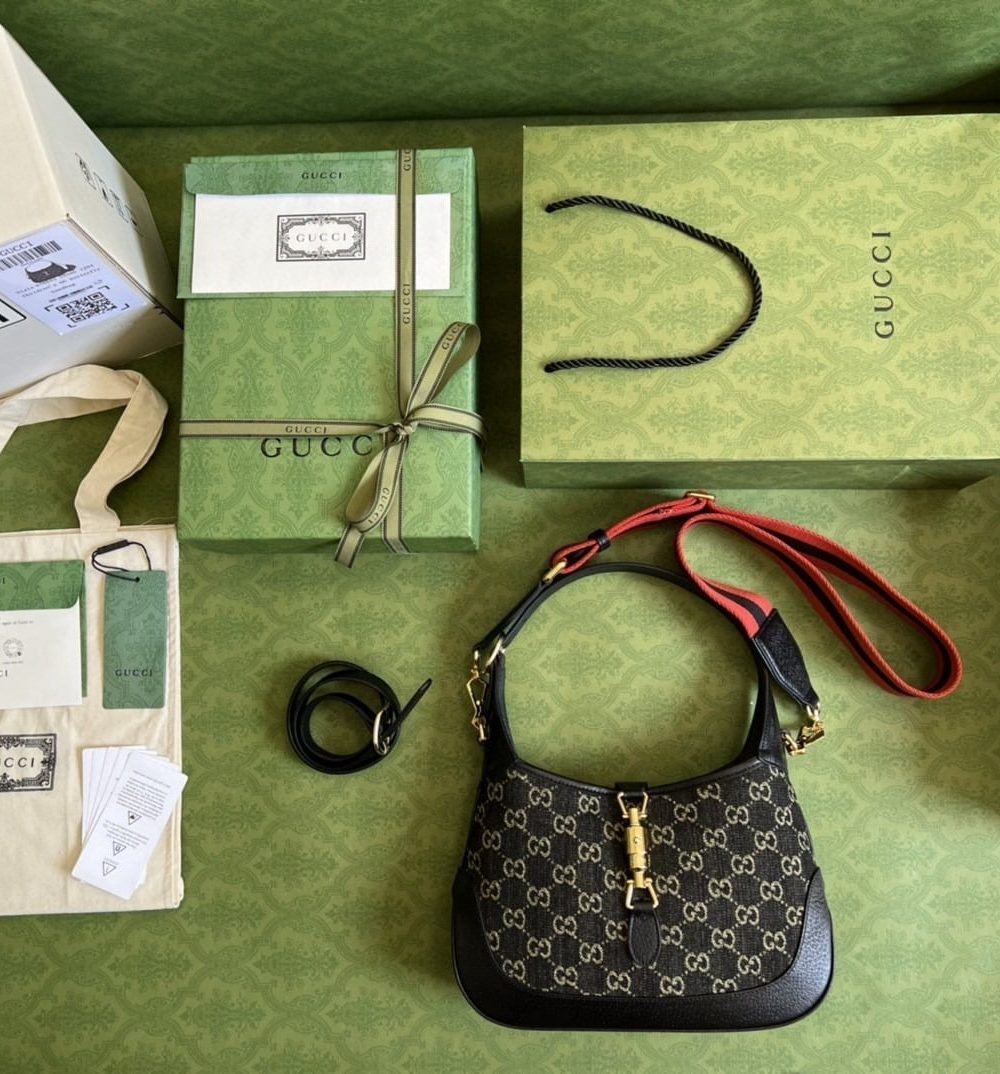 1:1 Replica Gucci Jackie 1961 Small Shoulder Bag Black And Ivory GG Denim Jacquard For Women 11in/28cm 678843 UN3AG 1294