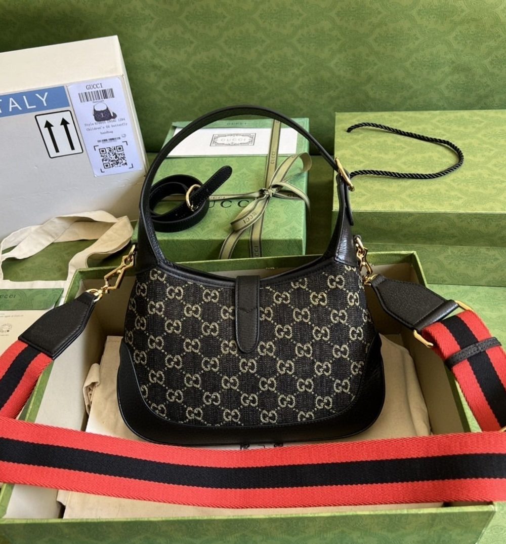 1:1 Replica Gucci Jackie 1961 Small Shoulder Bag Black And Ivory GG Denim Jacquard For Women 11in/28cm 678843 UN3AG 1294