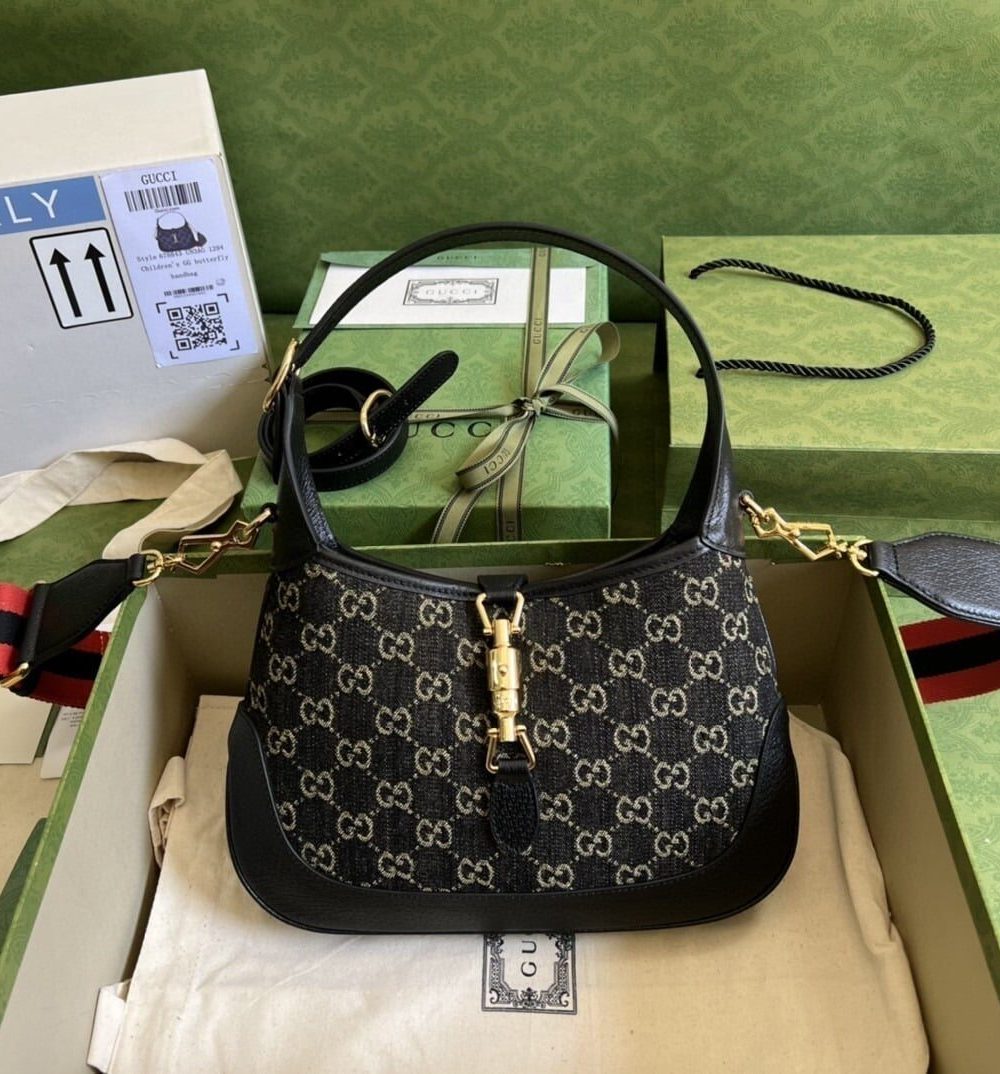 1:1 Replica Gucci Jackie 1961 Small Shoulder Bag Black And Ivory GG Denim Jacquard For Women 11in/28cm 678843 UN3AG 1294