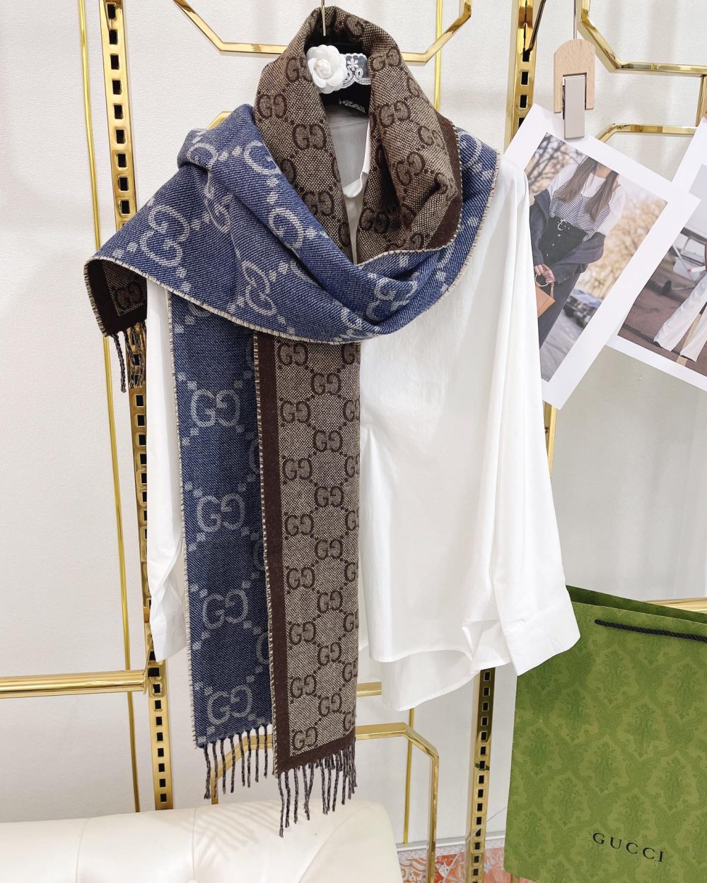 Gucci Jacquard Pattern Knit With Tassels Navy and Brown 190cm/75in 676610 3G200 4165