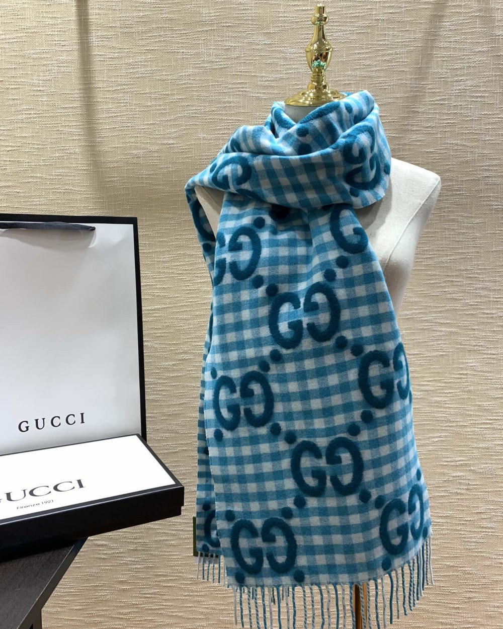 Gucci Jacquard Wool Scarf  Blue and Ivory Scarf 220cm/86.7in 