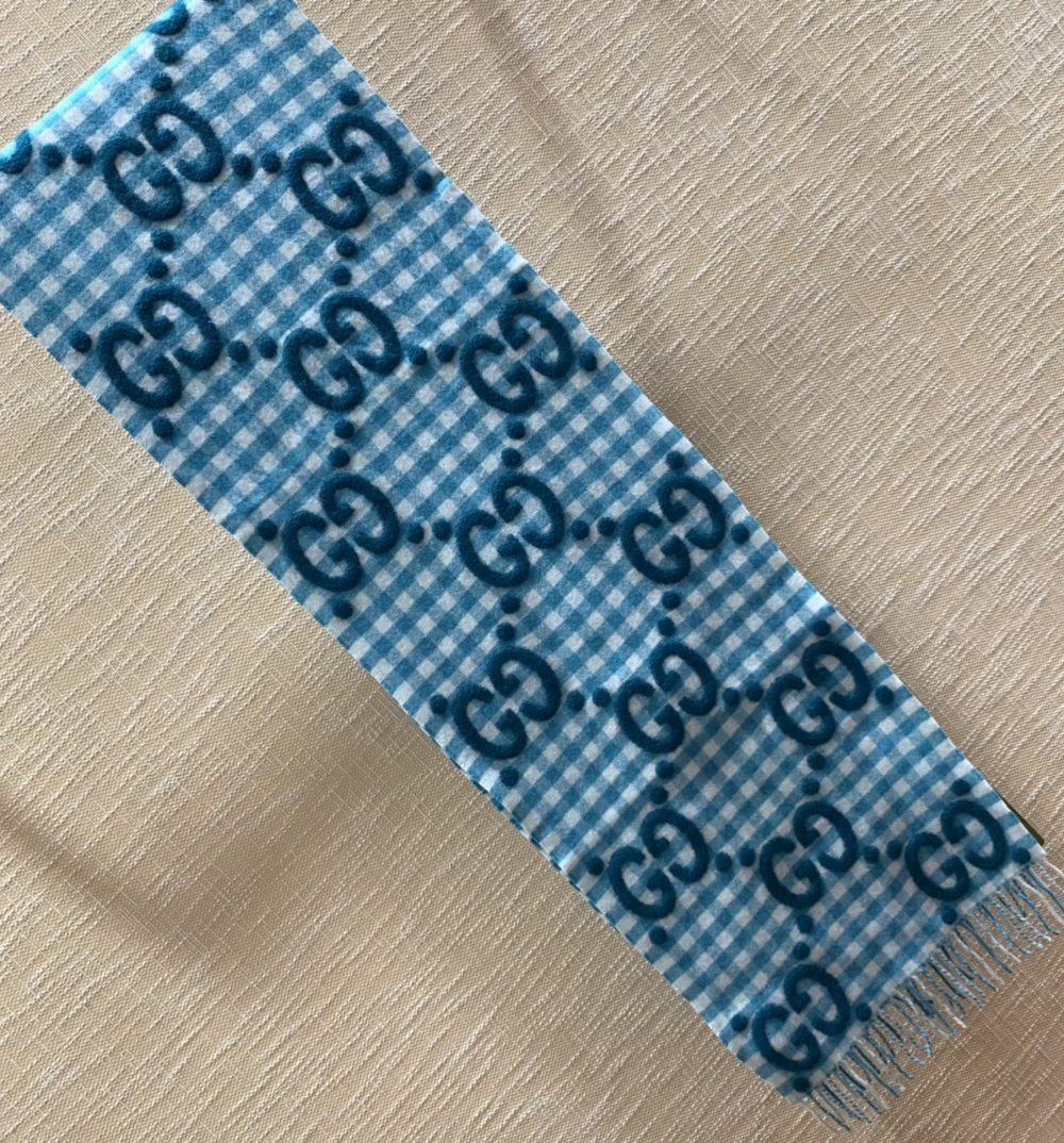 Gucci Jacquard Wool Scarf  Blue and Ivory Scarf 220cm/86.7in 