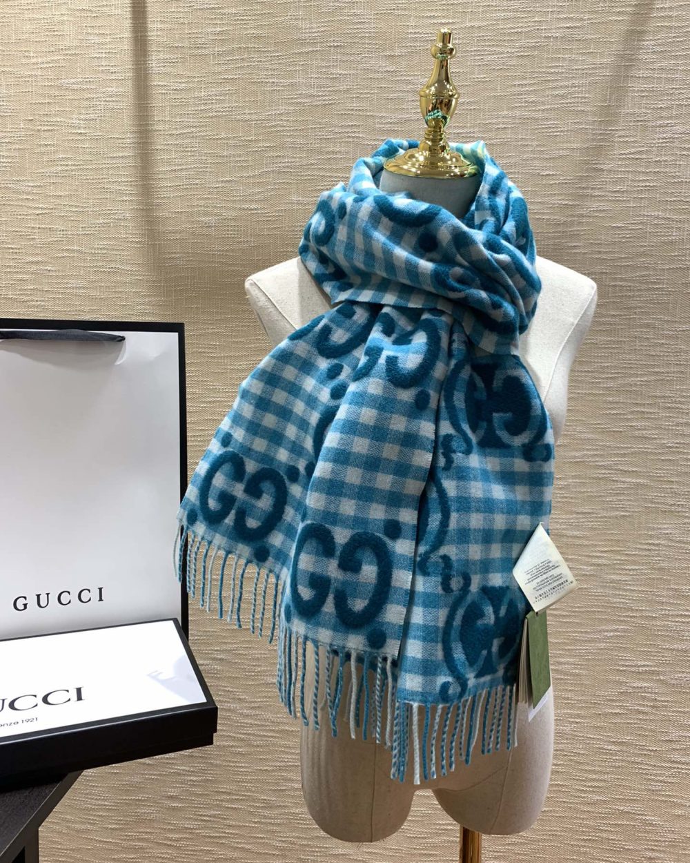 Gucci Jacquard Wool Scarf  Blue and Ivory Scarf 220cm/86.7in 