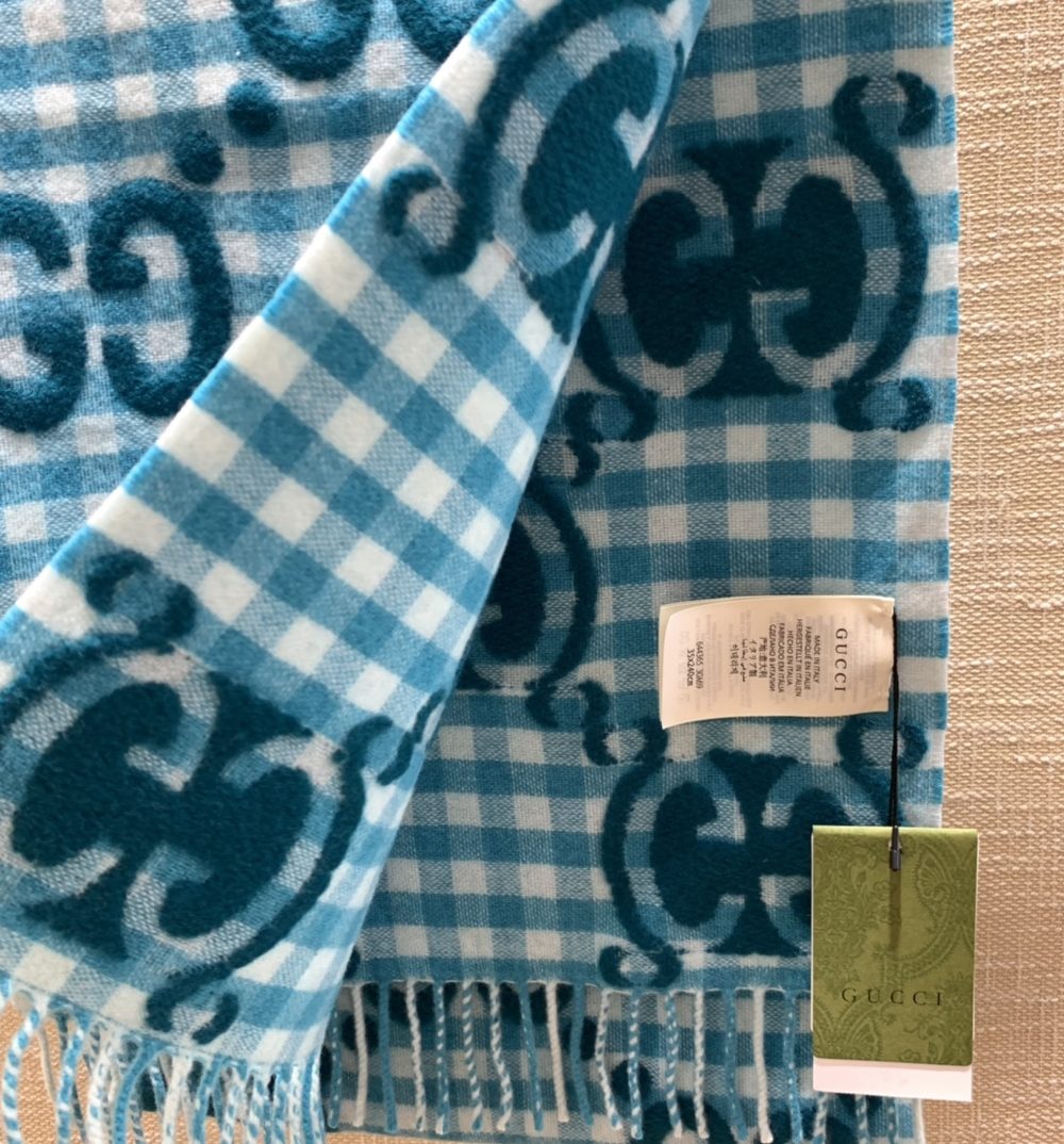 Gucci Jacquard Wool Scarf  Blue and Ivory Scarf 220cm/86.7in 