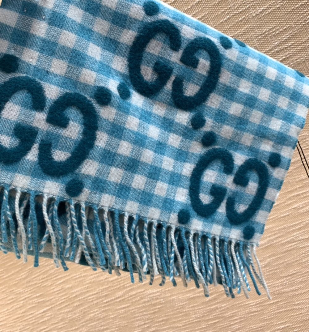 Gucci Jacquard Wool Scarf  Blue and Ivory Scarf 220cm/86.7in 