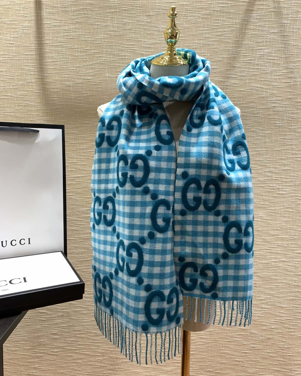 Gucci Jacquard Wool Scarf Blue and Ivory Scarf 220cm/86.7in
