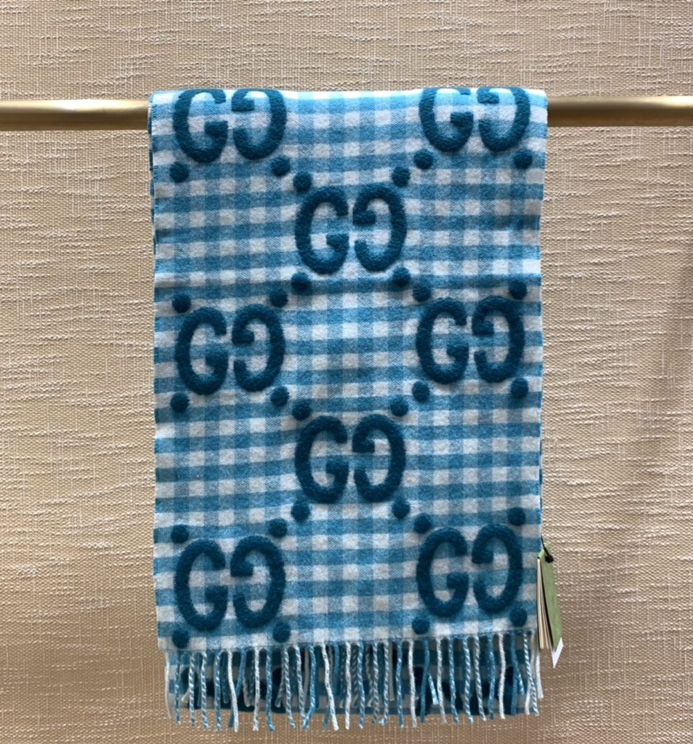 Gucci Jacquard Wool Scarf  Blue and Ivory Scarf 220cm/86.7in 