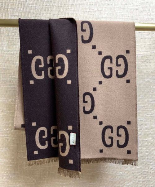 Gucci Jacquard Wool Silk Monogram Brown/ Beige Scarf 180cm/71in 