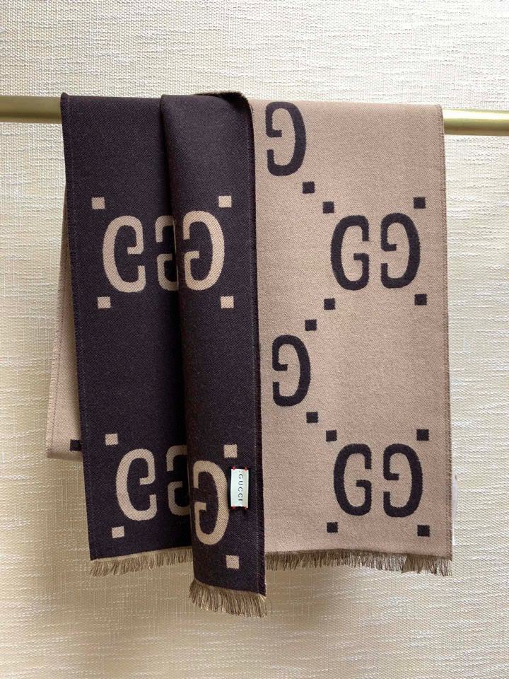Gucci Jacquard Wool Silk Monogram Brown/ Beige Scarf 180cm/71in - Image 8