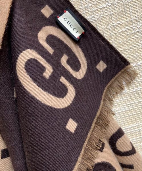Gucci Jacquard Wool Silk Monogram Brown/ Beige Scarf 180cm/71in 