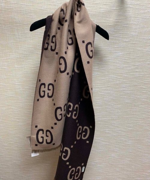 Gucci Jacquard Wool Silk Monogram Brown/ Beige Scarf 180cm/71in 