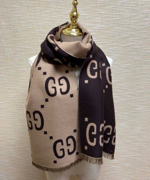 Gucci Jacquard Wool Silk Monogram Brown/ Beige Scarf 180cm/71in 
