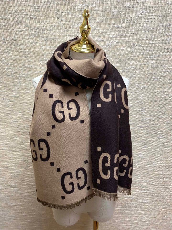 Gucci Jacquard Wool Silk Monogram Brown/ Beige Scarf 180cm/71in - Image 6