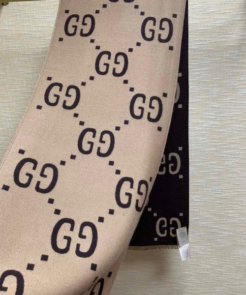 Gucci Jacquard Wool Silk Monogram Brown/ Beige Scarf 180cm/71in 