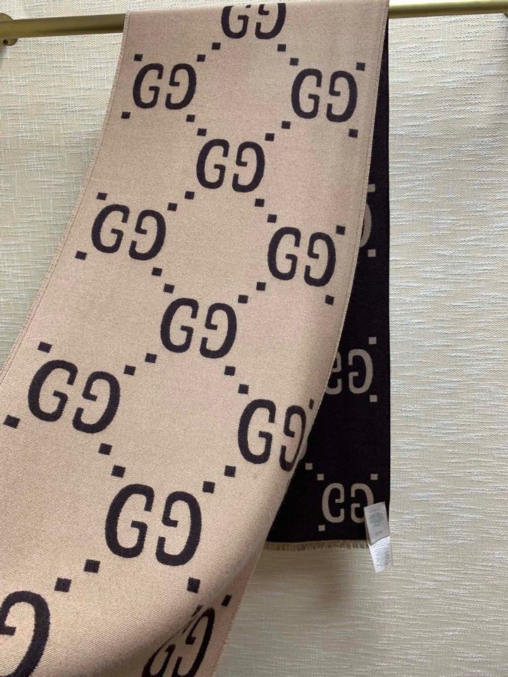 Gucci Jacquard Wool Silk Monogram Brown/ Beige Scarf 180cm/71in - Image 7