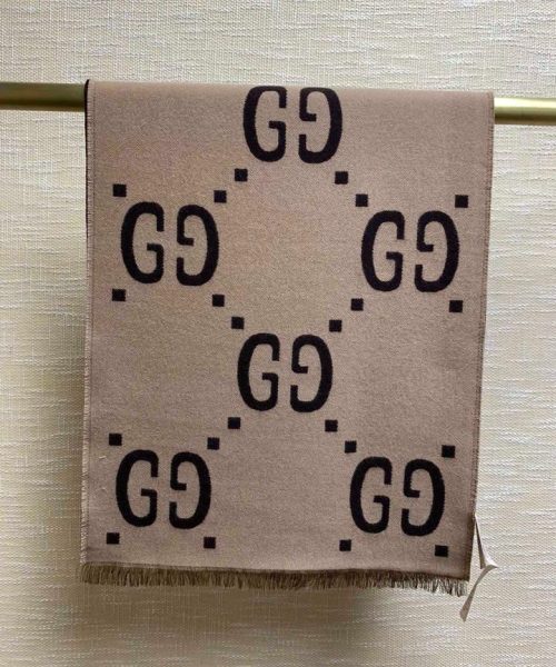 Gucci Jacquard Wool Silk Monogram Brown/ Beige Scarf 180cm/71in