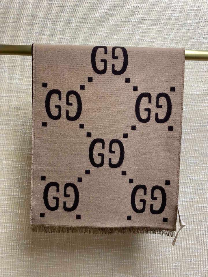 Gucci Jacquard Wool Silk Monogram Brown/ Beige Scarf 180cm/71in