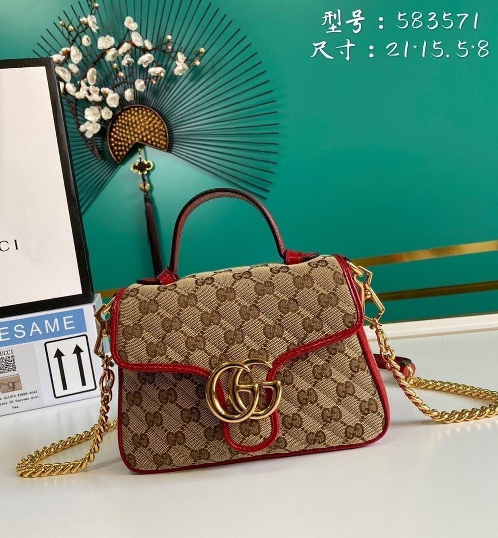 1:1 Replica Gucci Ladies GG Canvas Marmont Mini Top Handle Bag Beige And Red GG Canvas For Women 8.3in/21cm GG 583571 HVKEG 8561