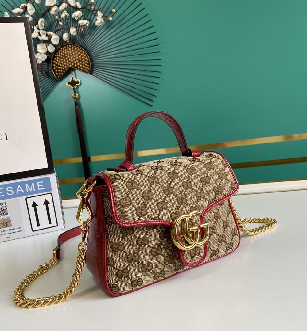 1:1 Replica Gucci Ladies GG Canvas Marmont Mini Top Handle Bag Beige And Red GG Canvas For Women 8.3in/21cm GG 583571 HVKEG 8561