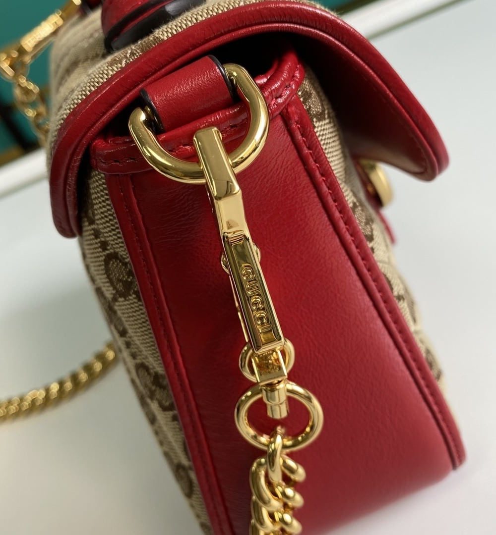1:1 Replica Gucci Ladies GG Canvas Marmont Mini Top Handle Bag Beige And Red GG Canvas For Women 8.3in/21cm GG 583571 HVKEG 8561