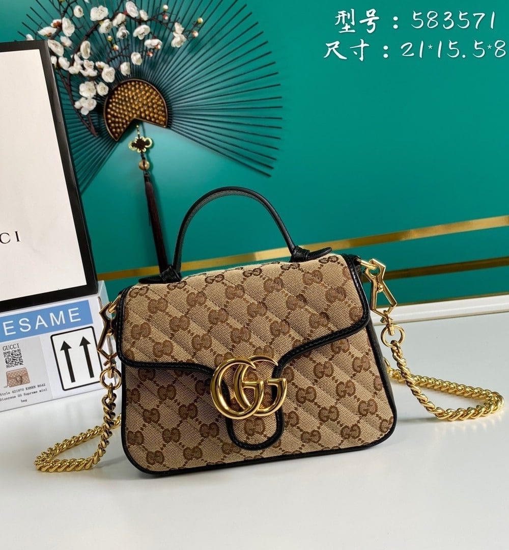 1:1 Replica Gucci Ladies GG Canvas Marmont Mini Top Handle Bag Beige/Ebony Diagonal Matelassé Original GG Canvas 8.3in/21cm GG 583571 HVKEG 9772