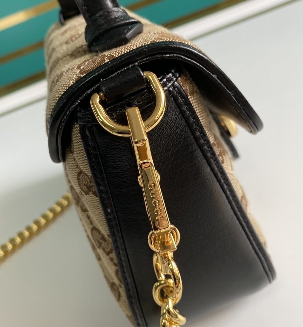 1:1 Replica Gucci Ladies GG Canvas Marmont Mini Top Handle Bag Beige/Ebony Diagonal Matelassé Original GG Canvas 8.3in/21cm GG 583571 HVKEG 9772