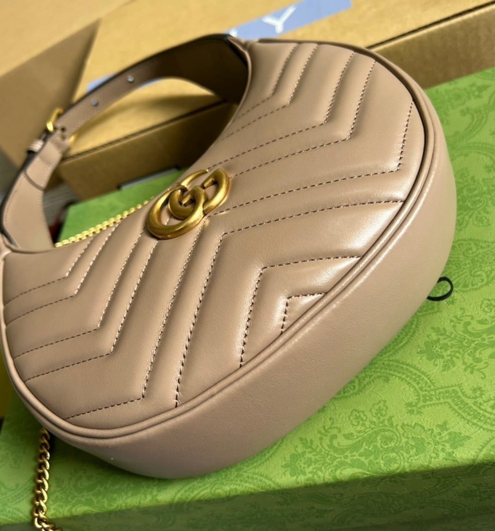 1:1 Replica Gucci Marmont Half Moon Shaped Mini Bag Beige For Women, Women's Bags 8.5in/22cm GG