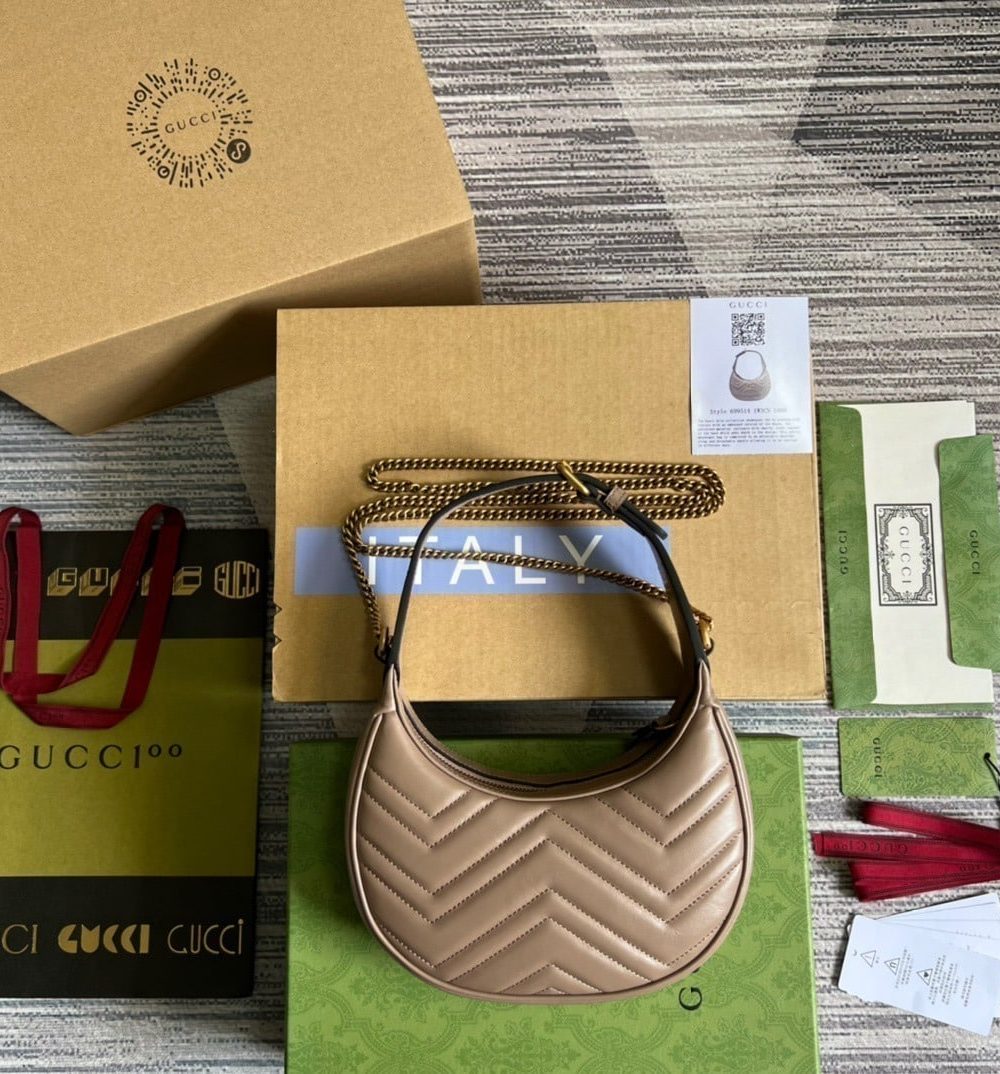 1:1 Replica Gucci Marmont Half Moon Shaped Mini Bag Beige For Women, Women's Bags 8.5in/22cm GG