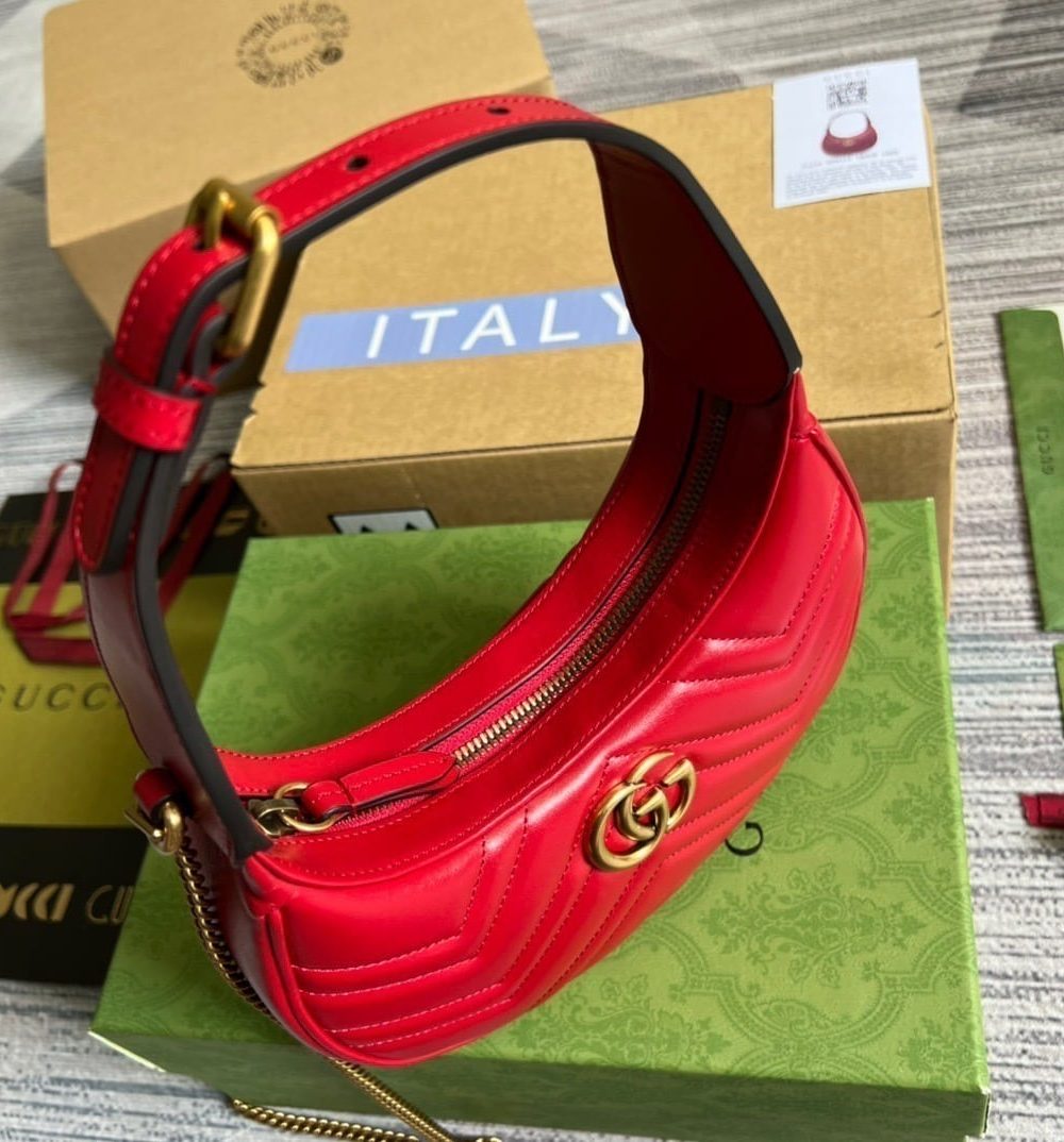 1:1 Replica Gucci Marmont Half Moon Shaped Mini Bag Red For Women, Women's Bags 8.5in/22cm GG