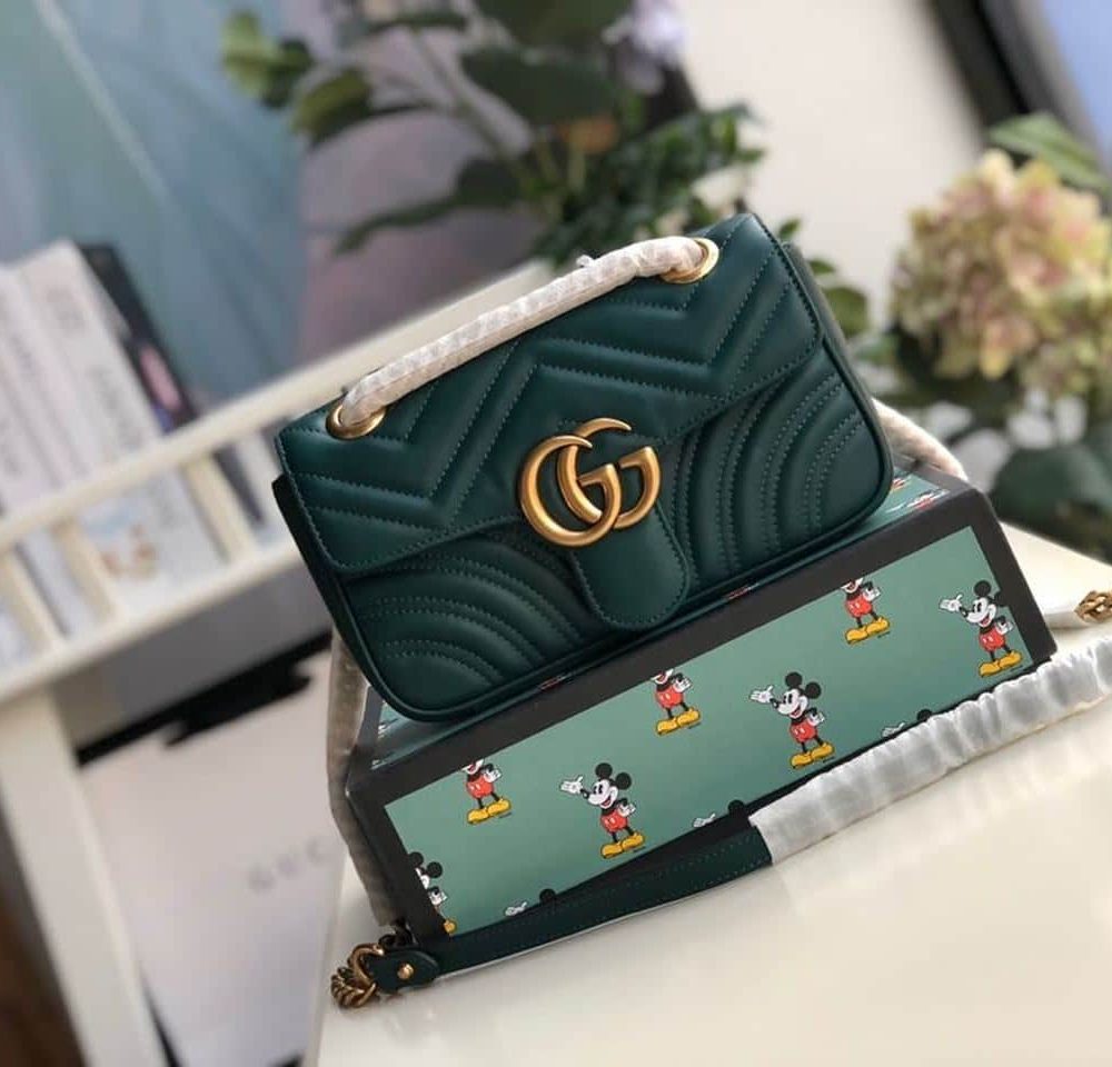 1:1 Replica Gucci Marmont Matelassé Mini Bag Green Matelassé Chevron For Women 8.5in/22cm GG 446744